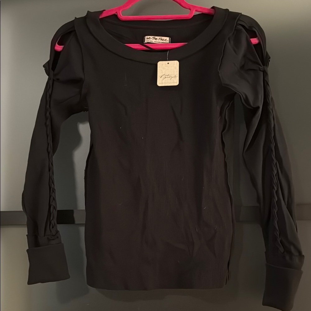 Free People Black Long Sleeve Top with Braided Details